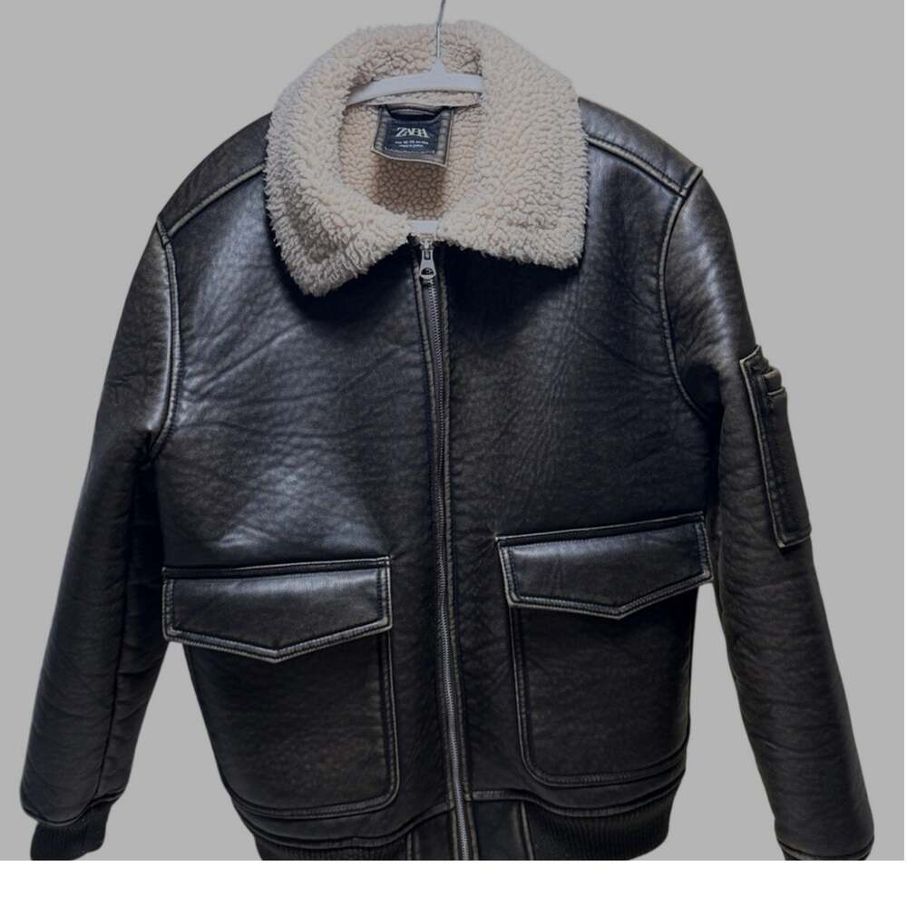 ZARA Aviator Brown Sherpa Collar Jacket Coat Boys 13-14 Mens XS Womens S EUC